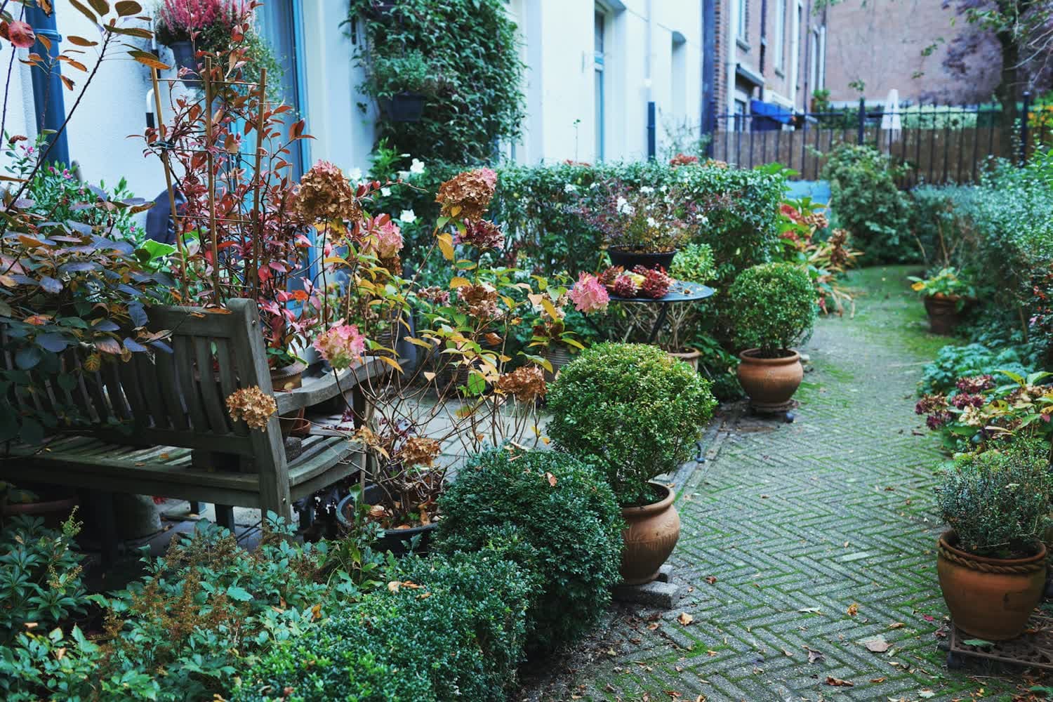 Une cour pavée remplie de pots, d'hortensias et d'un banc en bois